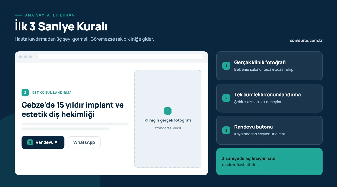 Klinik ana sayfası ilk 3 saniye kuralı: hasta kaydırmadan üç şeyi görmeli — kliniğin gerçek fotoğrafı (stok görsel değil), tek cümlelik net konumlandırma (şehir + uzmanlık + deneyim) ve randevu butonu. 3 saniyede açılmayan site randevu kaybettirir.