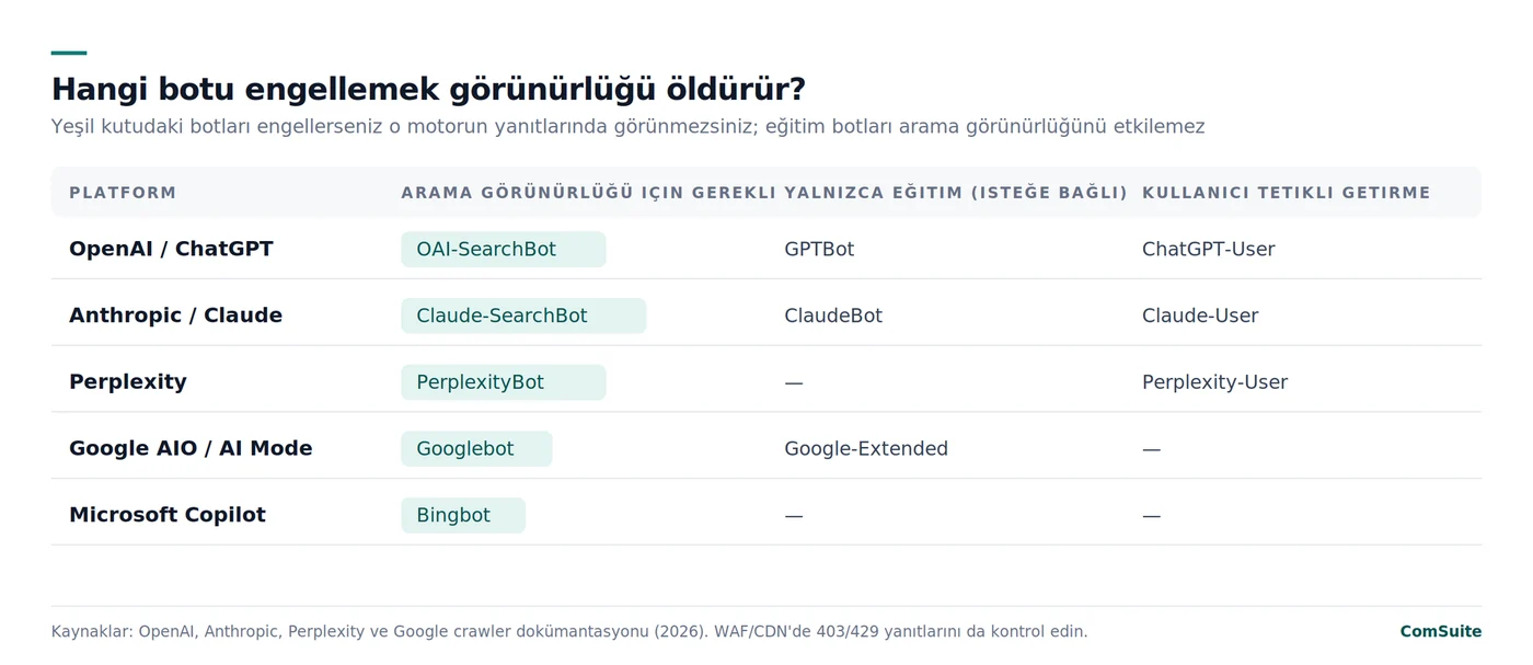 AI arama botları tablosu: OAI-SearchBot, Claude-SearchBot, PerplexityBot, Googlebot, Bingbot engellenirse o motorda görünmezsiniz