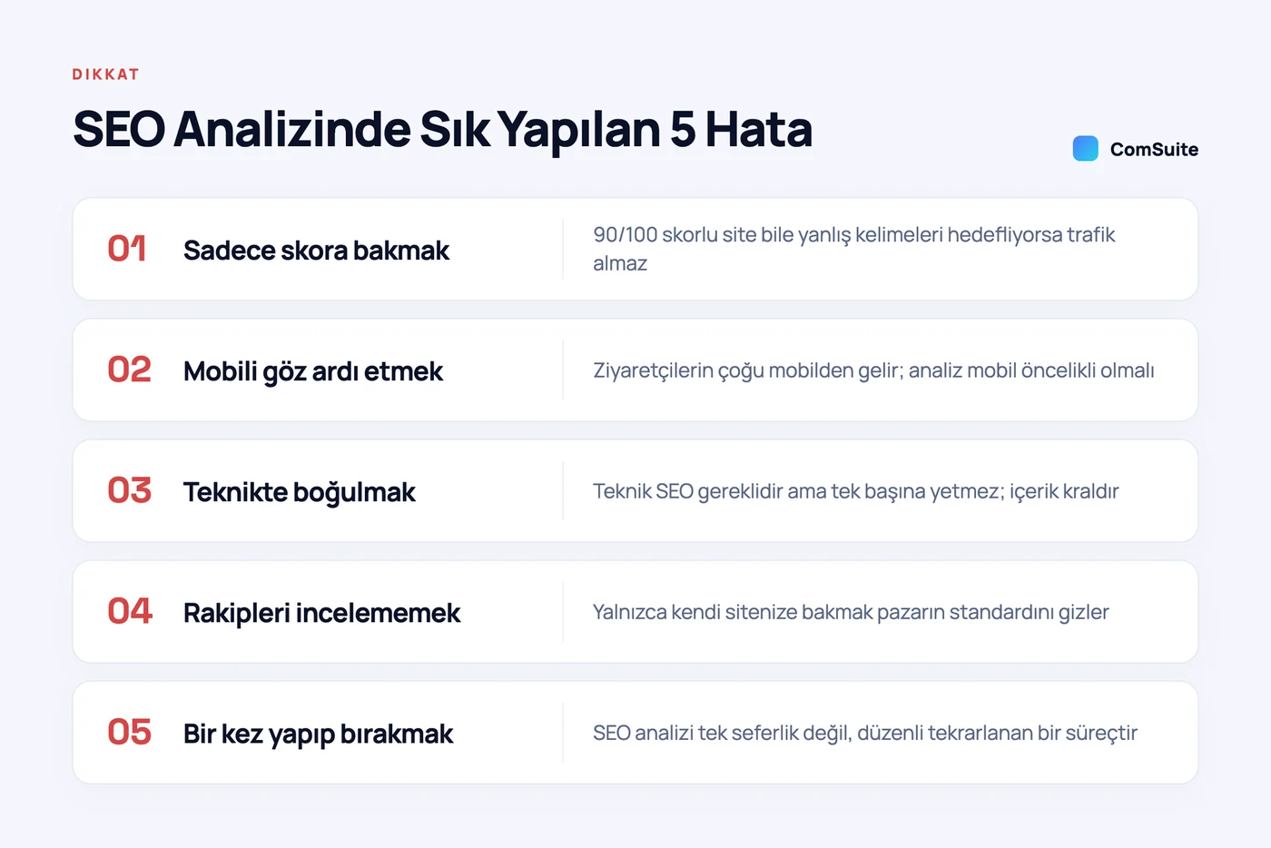 SEO analizinde sık yapılan 5 hata: sadece skora bakmak, mobili göz ardı etmek, teknikte boğulmak, rakipleri incelememek ve analizi bir kez yapıp bırakmak